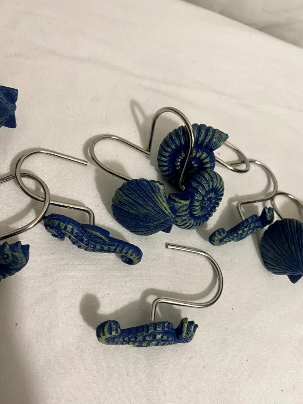 Set of 12 Coastal Shower Curtain Hooks Blue Seashell Seahorse Nautical Bathroom